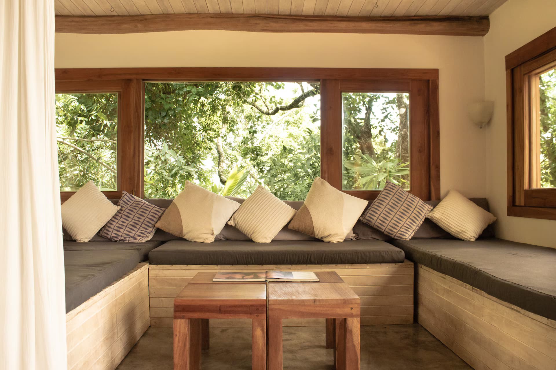 Built-in wooden dining bench detail